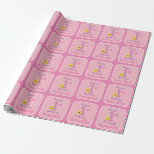 Erstes Geburtstagsmädchen, Pink Gelber Stern mit N Geschenkpapier