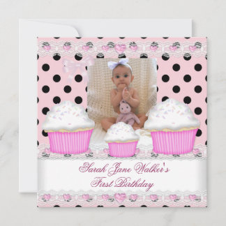Erstes Geburtstagsmädchen Rosa Cupcakes Schwarz We Einladung