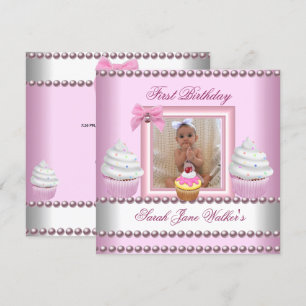 Erstes Geburtstagsmädchen Rosa Cupcakes Weiße Perl Einladung
