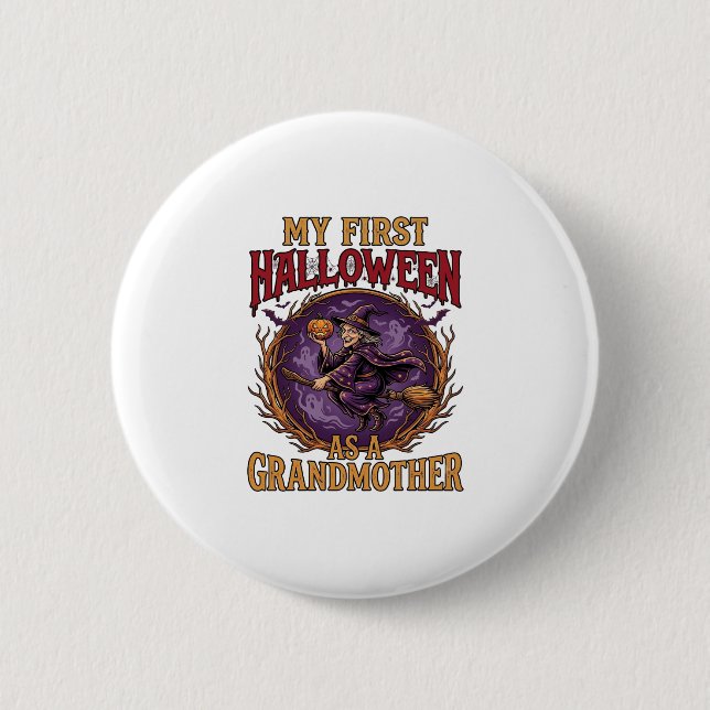 Erstes Halloween als Großmutter Hexe Kürbis Fleder Button (Vorderseite)