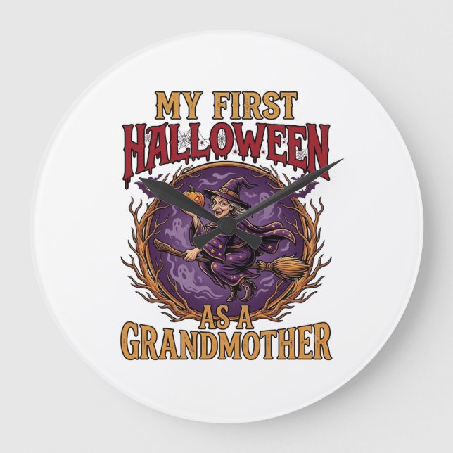 Erstes Halloween als Großmutter Hexe Kürbis Fleder Große Wanduhr (Vorderseite)