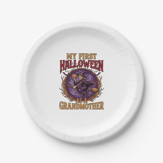 Erstes Halloween als Großmutter Hexe Kürbis Fleder Pappteller (Vorderseite)