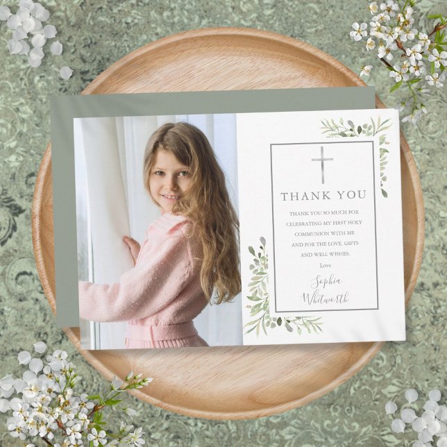 Erstes Heiliges Kommunion Greenery Foto Dankeskarte (First Holy Communion Greenery Photo Thank You Card)