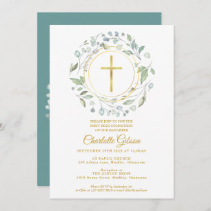 Erstes Heiliges Kommunion Greenery Gold Cross Einladung