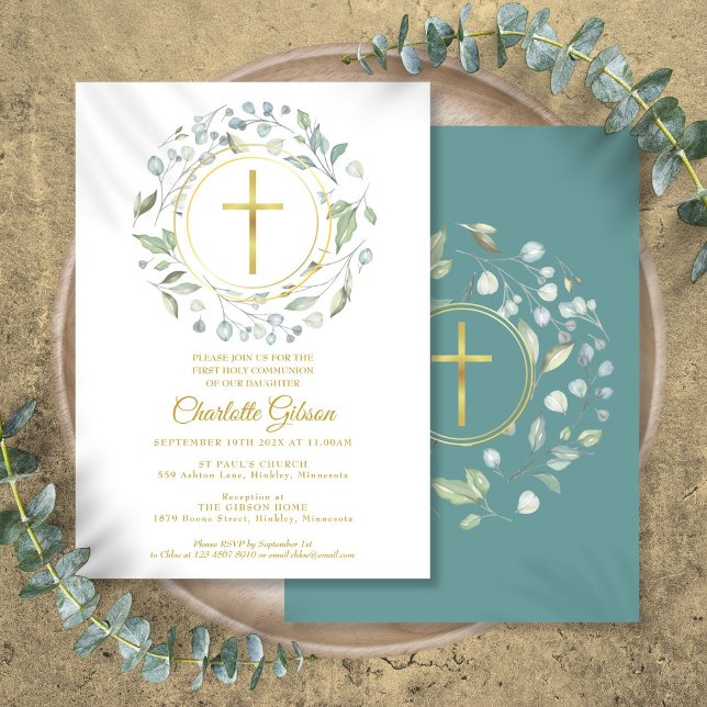 Erstes Heiliges Kommunion Greenery Gold Cross Einladung (First Holy Communion Greenery Gold Cross Invitation)