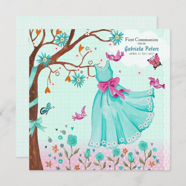 Erstes Heiliges Kommunionkleid | Einladungs-Girl Einladung (Vorne/Hinten)