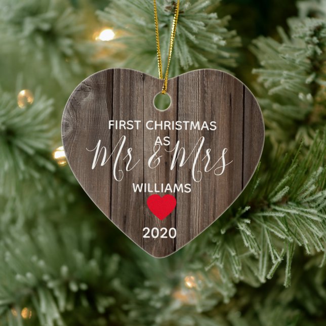 erstes Jahr als Mr. & Mrs. Happy Foto Paar Holz Keramik Ornament (Baum)