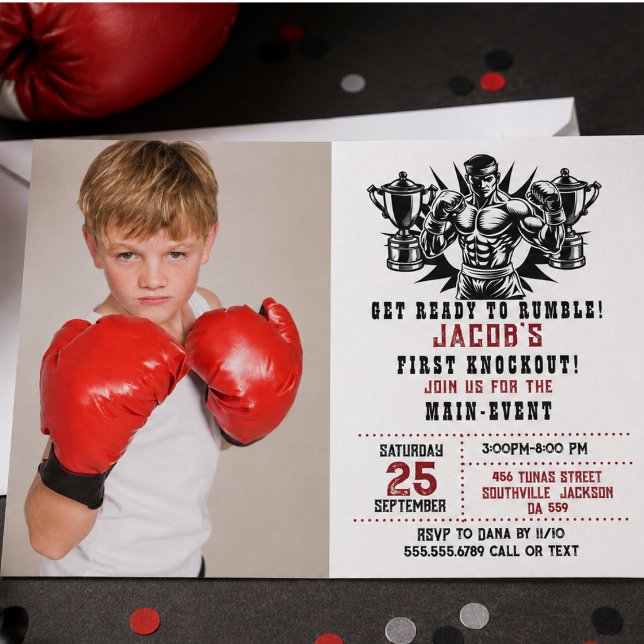 Erstes Knockout Boxing Foto Geburtstag Einladung (First Knockout Boxing photo Birthday Invitation)