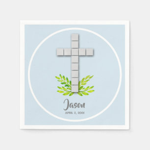 Erstes Kommunenkreuz auf blass blau Serviette