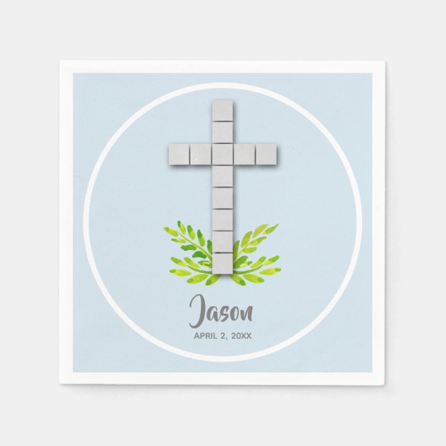 Erstes Kommunenkreuz auf blass blau Serviette (Vorderseite)