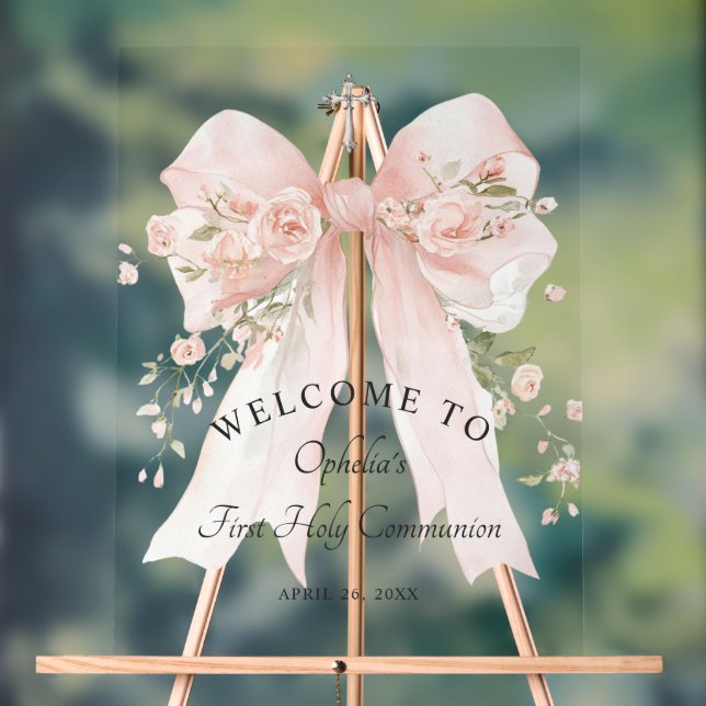 Erstes Kommunion Mädchen Florales Rosa Band Acrylschild (Neutral)