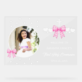 Erstes Kommunion Mädchen Rosa Gingham Schleife Fot Acrylschild