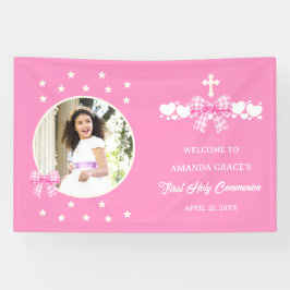 Erstes Kommunion Mädchen Rosa Gingham Schleife Fot Banner