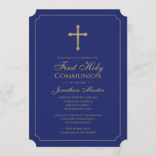 Erstes Kommunions-Goldkreuz mit dem Marine-Blau Einladung