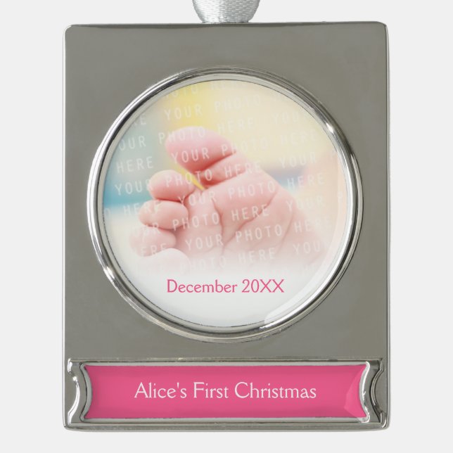 Erstes Mädchen des Babys des Weihnachten| Banner-Ornament Silber (Vorderseite)