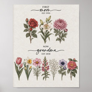 Erstes Mama an Oma Pink und Blau Geburtsblume Po Poster