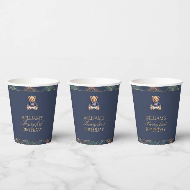 Erstes Navy-Karobär-Bärchen-Geburtstag  Pappbecher (Multi)