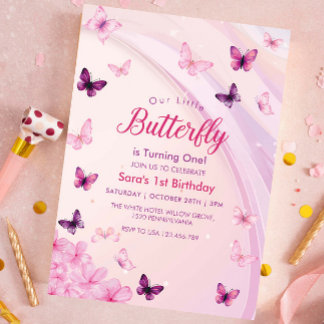 Erstes Pink & lila Schmetterlinge Party zum 1. Geb Einladung