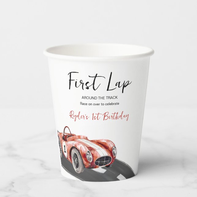 Erstes Rennen Auto 1. Geburtstag Pappbecher (Rückseite)