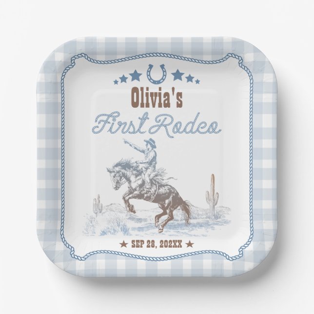 Erstes Rodeo 1. Geburtstag Blau Western Pappteller (Vorderseite)