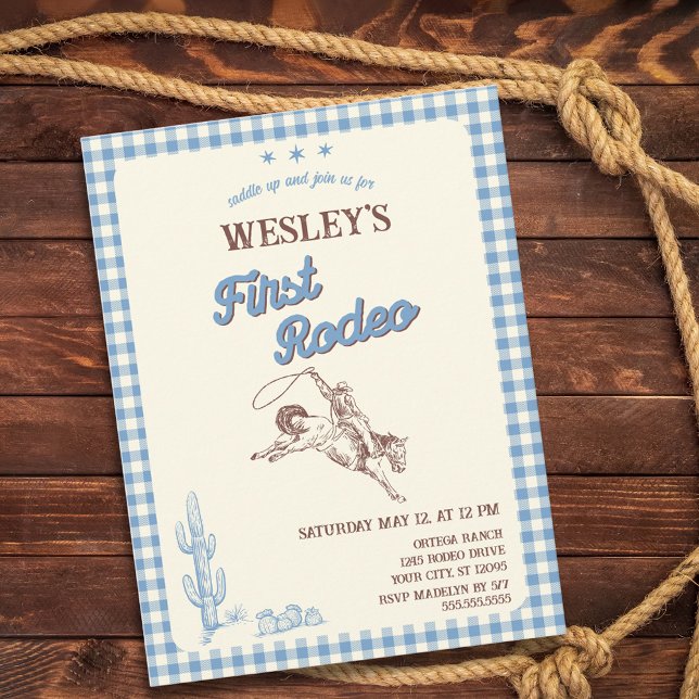 Erstes Rodeo Blau Kariert 1. Geburtstag Einladungspostkarte (First Rodeo Blue Plaid 1st Birthday Invitation Postcard)