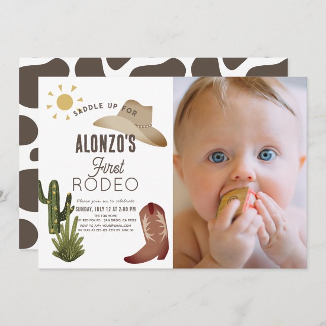 Erstes Rodeo Cowboy Western Foto 1. Geburtstag Einladung (Vorne/Hinten)