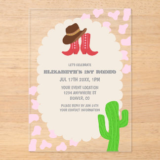 Erstes Rodeo Mädchen 1. Geburtstag Acryleinladungen