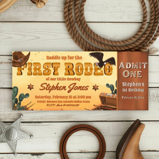 Erstes Rodeo-Ticket Einladung (First Rodeo -  Boy 1st Birthday Cowboy Ticket Invitation)