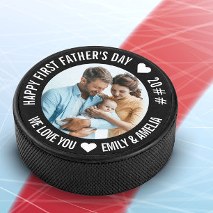 Erstes Vatertags-Jubiläums- und Baby-Foto Eishockey Puck