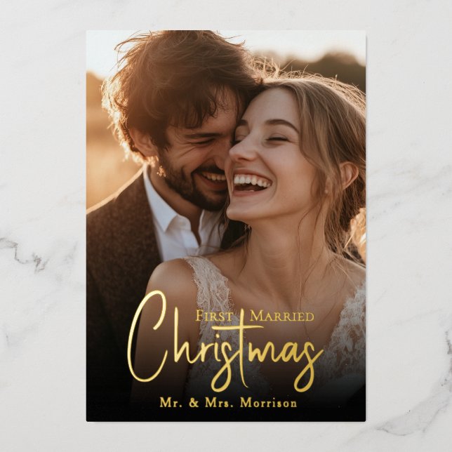 Erstes Verheiratetes Foto Folien Feiertagskarte (Vorderseite)