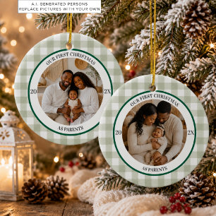 Erstes Weihnachten als Eltern Fotos Sage Gingham Keramik Ornament