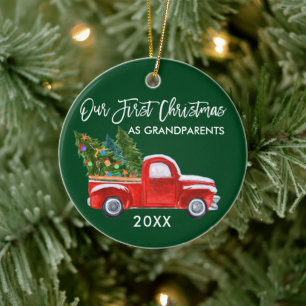 Erstes Weihnachten als Großeltern roter LKW Grün Keramik Ornament