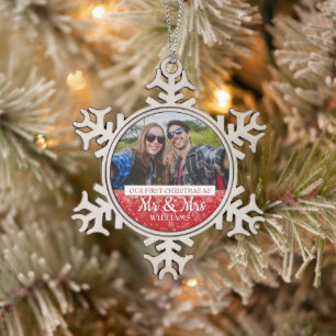 Erstes Weihnachten als Herr und Frau Foto Schneeflocken Zinn-Ornament