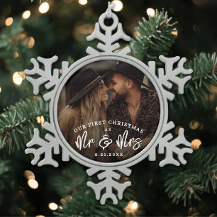 Erstes Weihnachten als Herr und Frau Foto Schneeflocken Zinn-Ornament