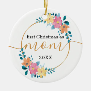 Erstes Weihnachten als Mama Floral und Gold Kranz Keramik Ornament