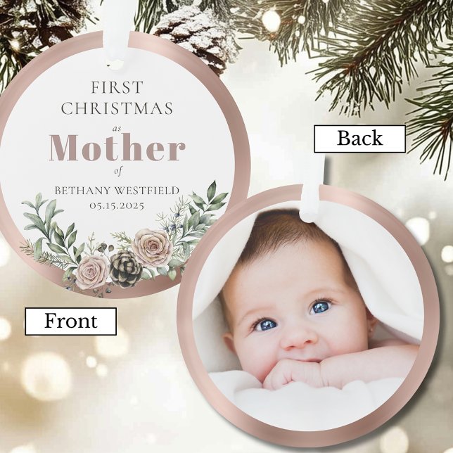 Erstes Weihnachten als Mutter Foto-Andenken Ornament (First Christmas as Mother Photo Keepsake Round Acrylic Ornament)