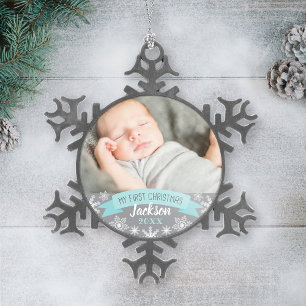 Erstes Weihnachten Aqua Blau Baby Junge Foto Schneeflocken Zinn-Ornament
