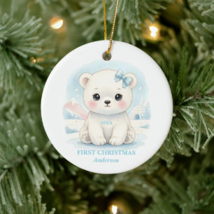 Erstes Weihnachten Baby Junge Blaues Foto Eisbär Keramik Ornament
