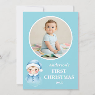 Erstes Weihnachten Baby Junge Blaues Santa-Foto Karte
