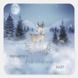 Erstes Weihnachten,Babyhirsch,Winterlandschaft  Quadratischer Aufkleber