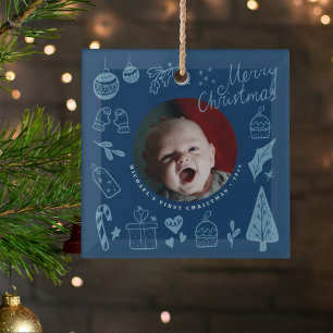 Erstes Weihnachten Blau Süße Handgezeichnete Kritz Ornament Aus Glas