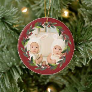 Erstes Weihnachten der Zwillinge Wasserfarben-Kran Keramik Ornament
