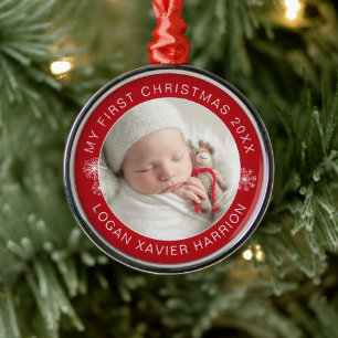 Erstes Weihnachten des Babys als Erinnerungsfoto Ornament Aus Metall