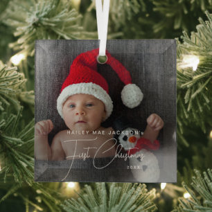 Erstes Weihnachten des Babys Elegante weiße Schrif Ornament Aus Glas