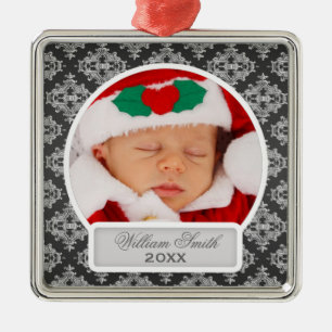 Erstes Weihnachten des Babys Eleganter Damast Schw Ornament Aus Metall