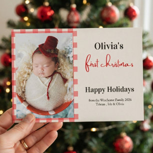 Erstes Weihnachten des Babys in Rotkariert Foto Einladung