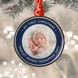Erstes Weihnachten des Babys modernes Foto in Navy Ornament Aus Metall