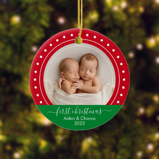 Erstes Weihnachten des Babys Rote und Grüne Punkte Keramik Ornament