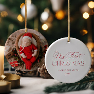 Erstes Weihnachten des Babys - rotes Foto-Andenken Keramik Ornament