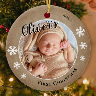 Erstes Weihnachten des Babys Rustikaler Namensfoto Keramik Ornament
